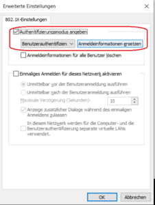 Erweiterte Einstellungen - Screenshot © HTW Berlin Erweiterte Einstellungen - Authentifizierungsmodus angeben