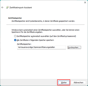 Zertifikatsimport-Assistents Fenster