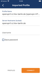 OpenVPN Login View - Screenshot © HTW Berlin OpenVPN Login View