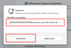 Zertifikatsauswahlfenster - Screenshot © HTW Berlin Zertifikatsauswahlfenster