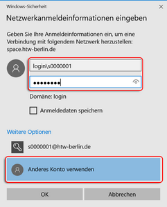 Eingabe Ihrer persönlichen Anmeldeinformationen - Screenshot © HTW Berlin Login für den Netzwerkordner