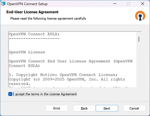 Setup Window of OpenVPN with EULA - Screenshot © HTW Berlin Setup Window of OpenVPN with EULA