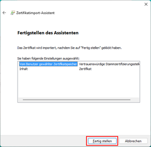 Zertifikatsimport-Assistents Fenster Abschlussansicht