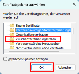 Zertifizierungsspeicherauswahlfenster