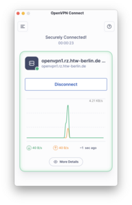 OpenVPN window when successfully connected with traffic diagram - Screenshot © HTW Berlin OpenVPN window when successfully connected with traffic diagram
