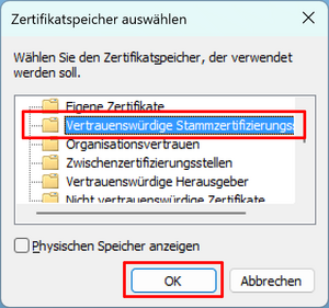Zertifizierungsspeicherauswahlfenster