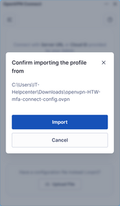 OpenVPN import confirmation window - Screenshot © HTW Berlin OpenVPN import confirmation window
