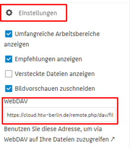 HTW-Cloud Seite mit Webdavlink HTW-Cloud Seite mit Webdavlink