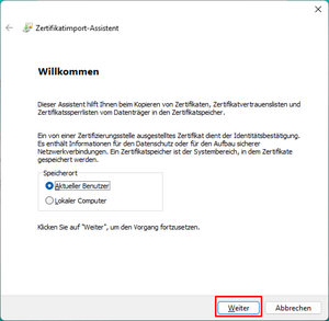 Zertifikatsimport-Assistent Fenster