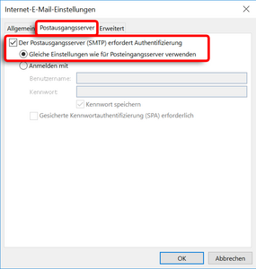 Postausgangsserver konfigurieren - Screenshot © HTW Berlin Postausgangsserver Einstellungen
