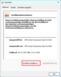 Zertifikatinformationsfenster mit Möglichkeit der Installation